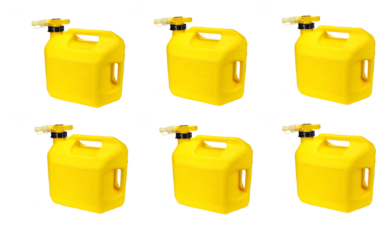 (6) No-Spill Easy Pour Yellow 5 Gallon Diesel Fuel Cans - 2 Handle Top and Back
